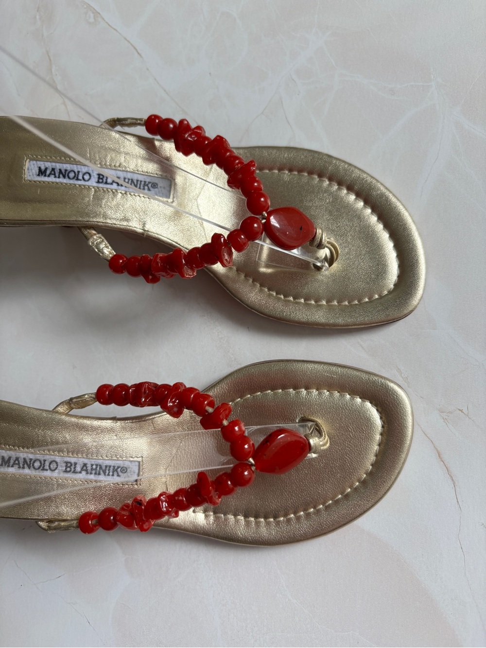 vintage Y2K Manolo Blahnik gold red beaded thong kitten heel - Picture 3 of 10